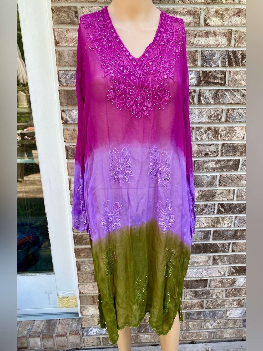 00s Dip Dye Kurti Beaded Embroidered Sheer Caftan Dress Size XL